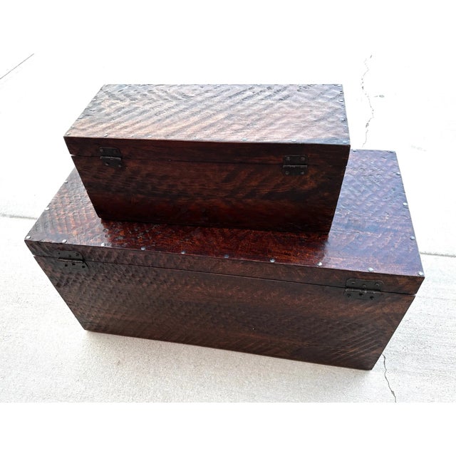 2020s Pair of Rustic Distressed Wood Storage Trunks For Sale - Image 5 of 12