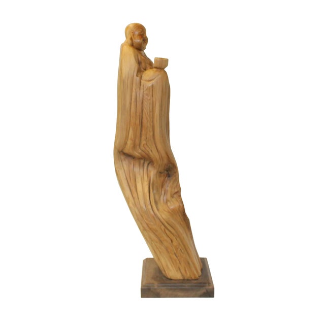 Chinese Chinese Cypress Wood Carved Irregular Shape Happy Buddha Statue For Sale - Image 3 of 6