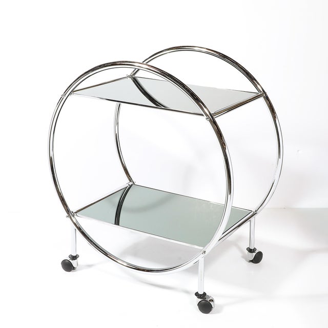Metal Art Deco Style Round Form Tubular Two-Tier Bar Cart in Chrome and Smoked Mirror For Sale - Image 7 of 13