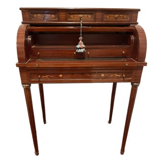 1970s French Inlaid Cylinder Roll-Top Desk For Sale