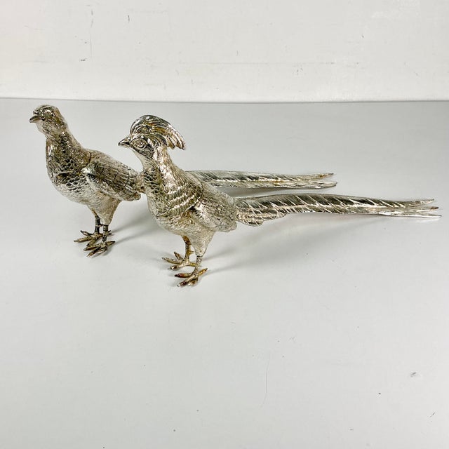 Early 20th C Vintage French Chippendale Hollywood Regency Game Bird Pheasant Silverplate Figurals - An Opposing Pair For Sale - Image 14 of 18