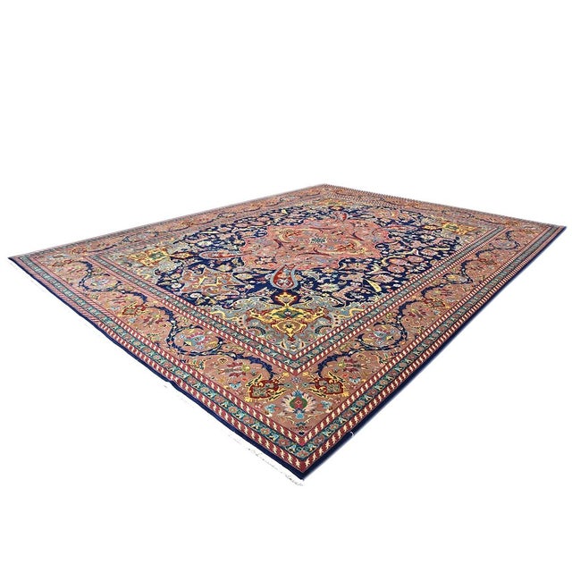 Persian Antique Persian Tabriz Wool 10X13 Navy, Rose, Rust & Ivory Handmade Area Rug #1140102 For Sale - Image 3 of 9