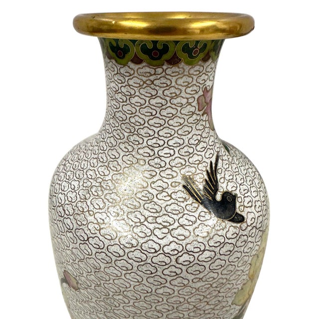Antique White Mid-20th Century Hand-Crafted Vintage Chinese Cloisonne Vase - Peony Blossoms For Sale - Image 8 of 13
