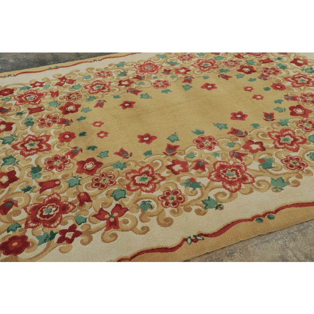 Rug & Kilim Signed Paule Leleu Vintage Art Deco Rug in Gold With Dense Florals - Rug & Kilim For Sale - Image 4 of 9