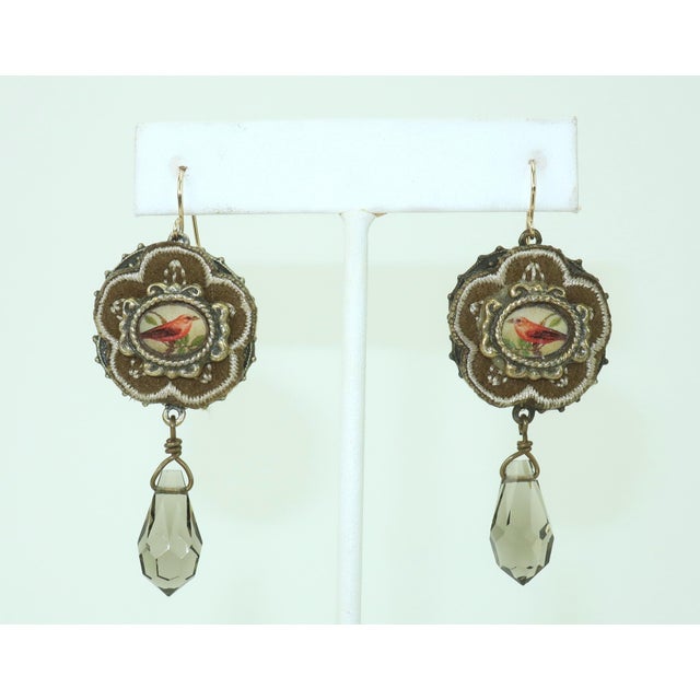 Early 21st Century Elements Jill Schwartz Collage Crystal Drop Earrings With Bird Motif For Sale - Image 5 of 10