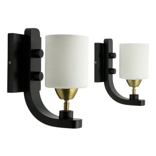 Paul Marra Ebonized Wood, Brass & Studio Glass Wall Sconces - a Pair For Sale