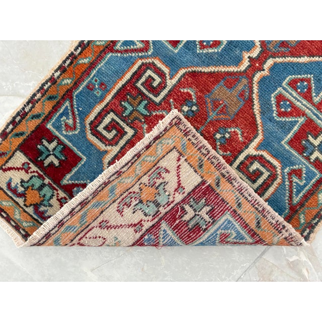 Blue Distressed Low Pile Oushak Yastik Petite Rug Low Pile Faded Colors Mat - 19'' X 36'' For Sale - Image 8 of 9