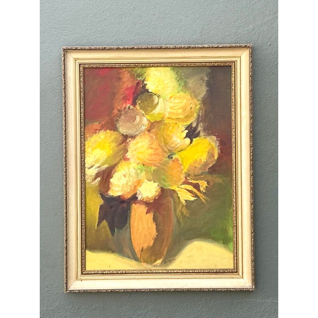 Wood Vintage 1974 Floral Original Paining on Canvas For Sale - Image 7 of 12