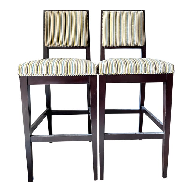 Set of 2 Cherish-Bar Stools From Crate & Barrel With Romo Striped Textured Velvet Upholstery Seat Covering For Sale