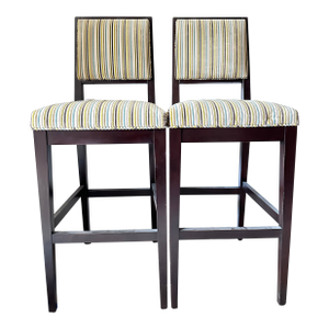 Set of 2 Cherish-Bar Stools From Crate & Barrel With Romo Striped Textured Velvet Upholstery Seat Covering