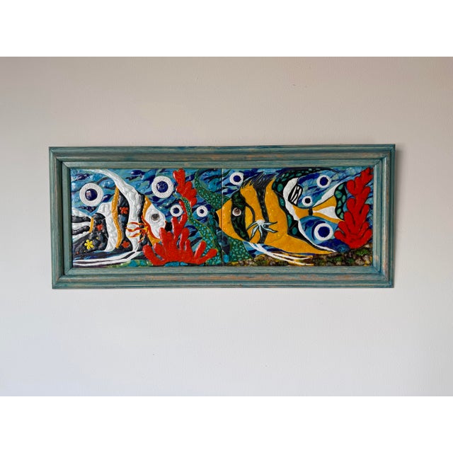 Vintage Handcrafted Ceramic Mosaic Fish- Aquatic Panel Wall Art – Framed For Sale - Image 4 of 12