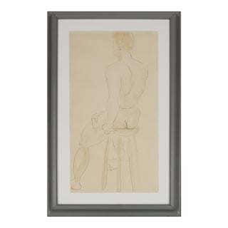 Minimal Seated Male Nude 1950s Ink & Watercolor For Sale