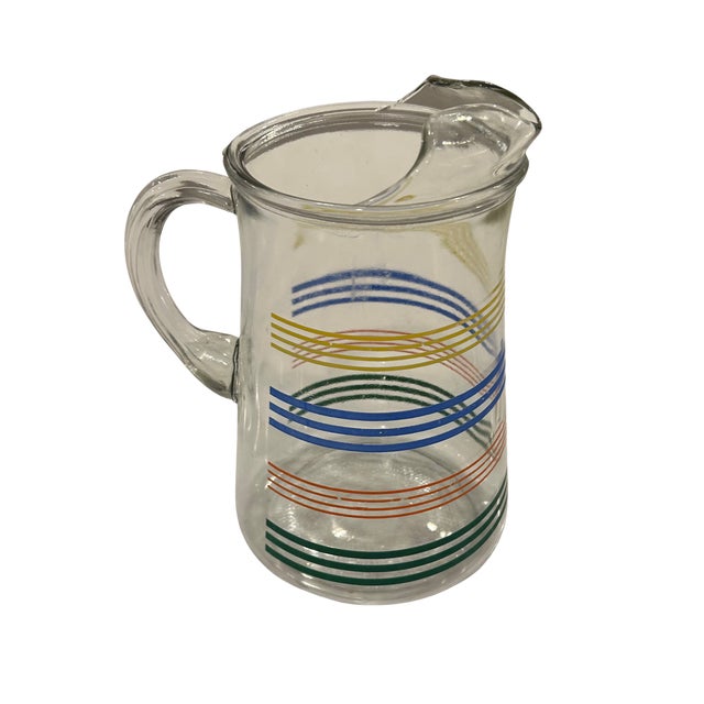 Anchor Hocking Vintage “Fiesta Stripe” Glass Pitcher – Attributed to Anchor Hocking, Multicolor Rainbow Bands For Sale - Image 4 of 5
