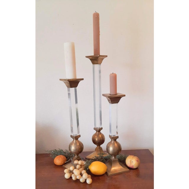 Vintage Xl Brass and Lucite Candlesticks Set 3 Candle Holders For Sale - Image 4 of 13