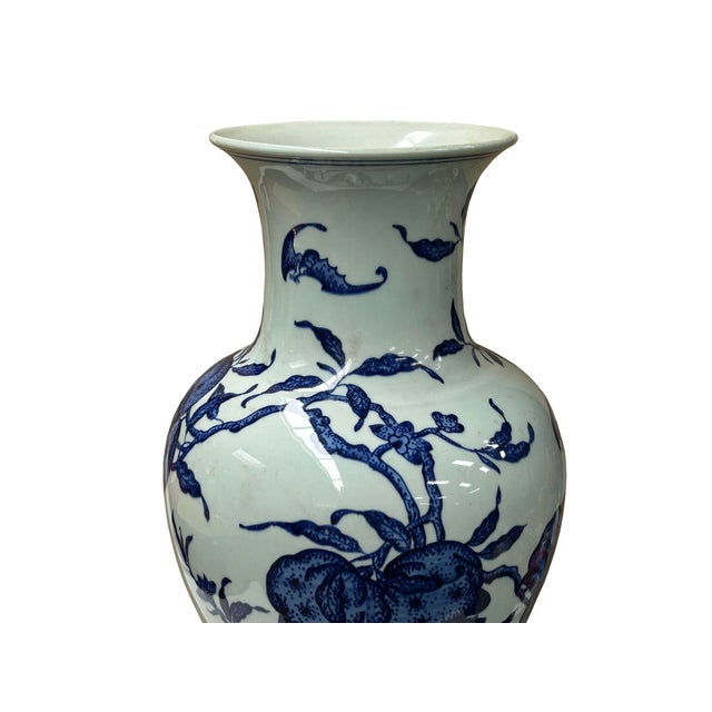 Vintage Chinese Blue White Fruits Flowers Graphic Porcelain Art Vase For Sale - Image 11 of 13