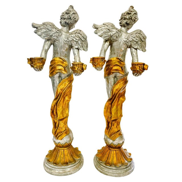1970s Monumental 24" Italian Baroque Style Silvered & Parcel-Gilt Cherub Candleholders - A Pair For Sale - Image 5 of 10