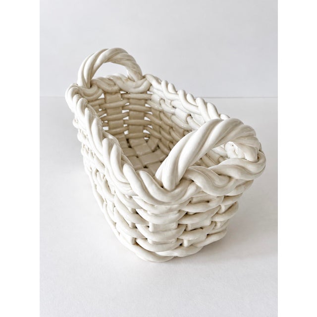 1980s White Ceramic Woven Lattice Rectangular Handled Cachepot or Basket For Sale - Image 9 of 11