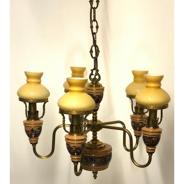 Metal Antique Brass Ceramic Glass Five Lights Chandelier, 1930s For Sale - Image 7 of 9