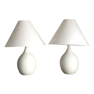 Hand-Glazed Matte White Pottery Lamps - a Pair For Sale