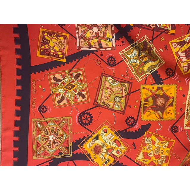 HERMES MÉCANIQUE des IDÉES red silk scarf designed Henry Christine 2004 France For Sale - Image 14 of 14