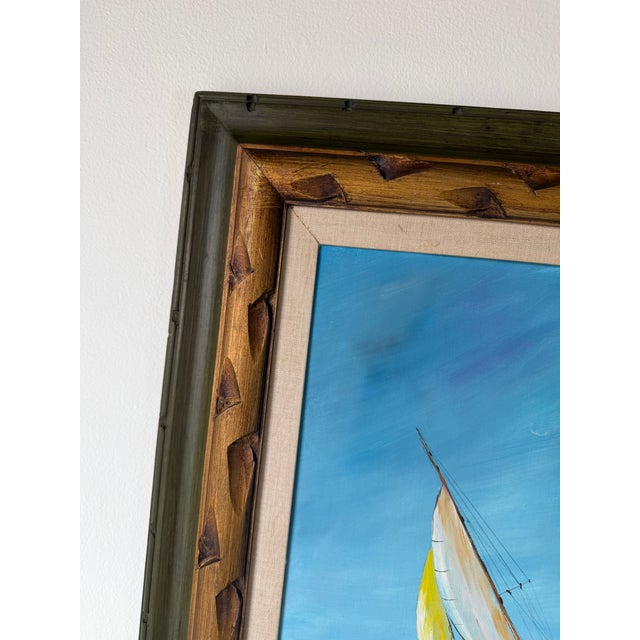 Vintage Sailboat Seascape Oil Painting on Board – Framed For Sale - Image 11 of 15