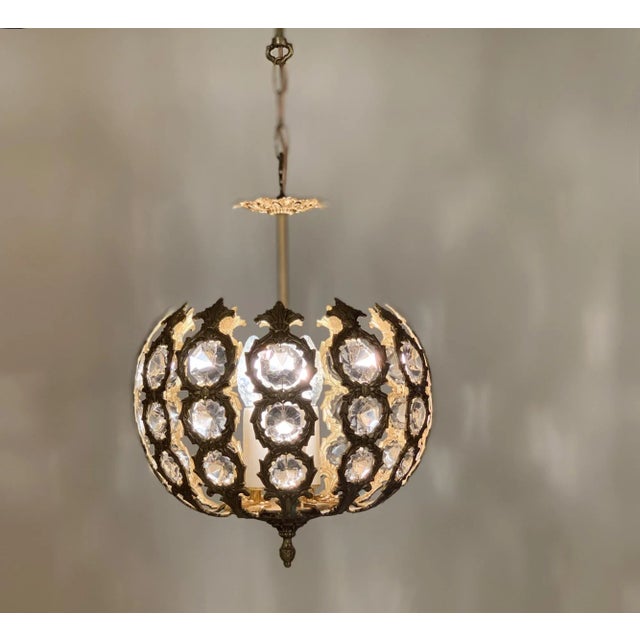 1960s Vintage Restored Spanish Lighting Brass Crystal Pendant Lamp For Sale - Image 11 of 13
