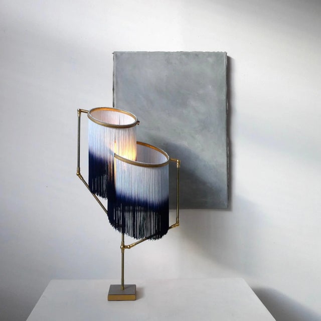 Blue charme table lamp, sander bottinga dimensions: h 73 x w 38 x d 25 cm handmade in brass, leather, wood and dip dyed...