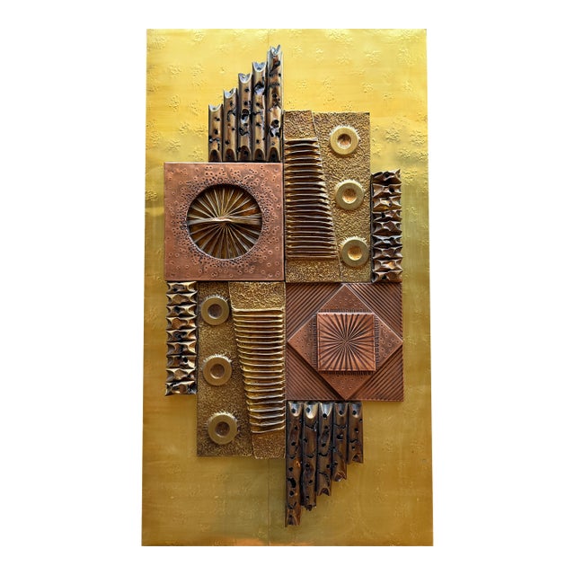 Vintage 1970s Stephen Chun Brutalist Mixed Metal Wall Sculpture Mid Century Modern For Sale