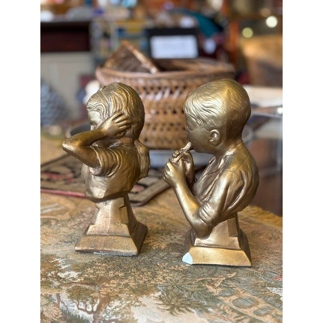 1950s Vintage Esco Chalkware Boy and Girl Bookends or Busts, Gold For Sale - Image 5 of 9