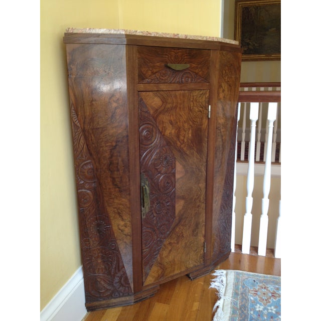 Magnificent art deco corner tables with one drawer and storage area in each.. Burled walnut with marble top and original...