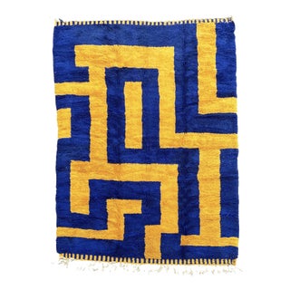 Berber Beni Mrirt Rug Handknotted Wool Cobalt Blue & Mustard Geometric Maze Pattern 200x300cm Middle Atlas, Morocco, 2010s For Sale