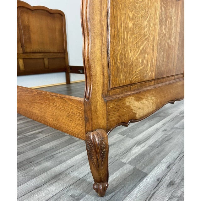 Vintage French Louis XVI Style Double Carved Bed in Oak For Sale - Image 9 of 11