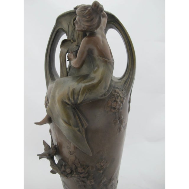 Francois Moreau Signed Female Figural Bird & Flower Art Nouveau Bronze Vase Pair For Sale - Image 10 of 17