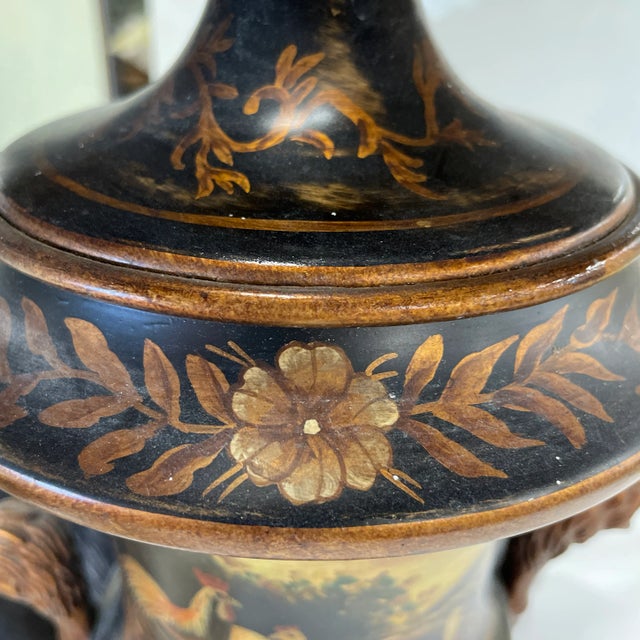 Vintage Black Metal Urn Lamp With Painted Scene For Sale - Image 6 of 12