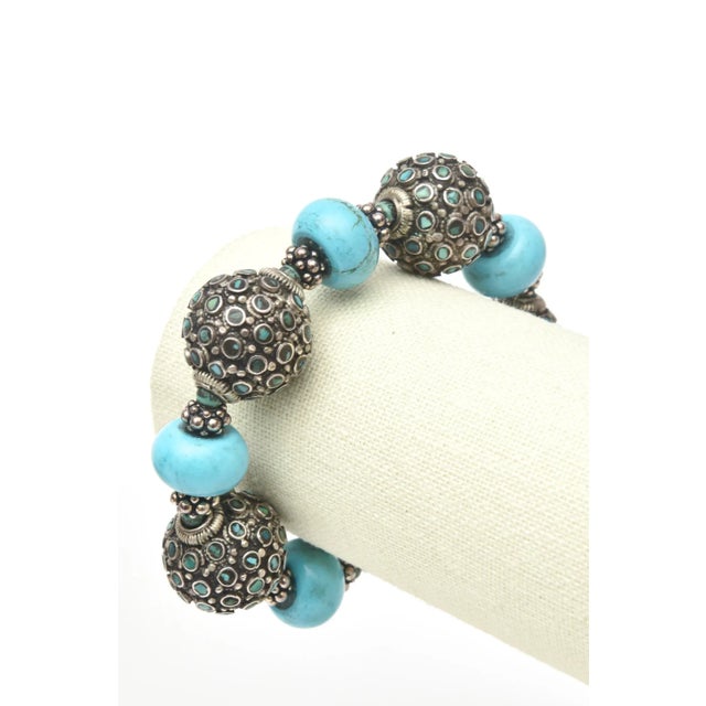 Metal Turquoise and Silver Blackened Metal Necklace With Circular Pendant and Toggle Bracelet Indian Style Set Of For Sale - Image 7 of 8