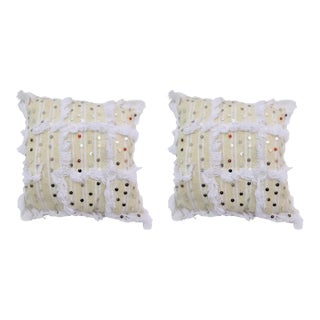 Boho Chic Moroccan Wool White Wedding Pillow, a Pair For Sale