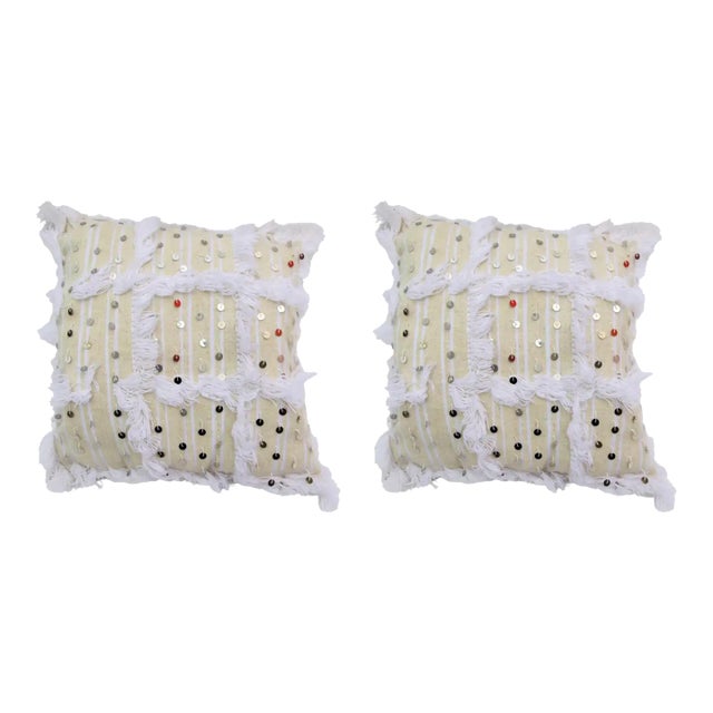 Boho Chic Moroccan Wool White Wedding Pillow, a Pair For Sale