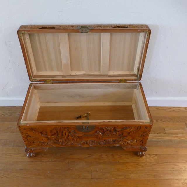 Chinese Antique Chinese Hand Carved Wood Chest Trunk For Sale - Image 3 of 11