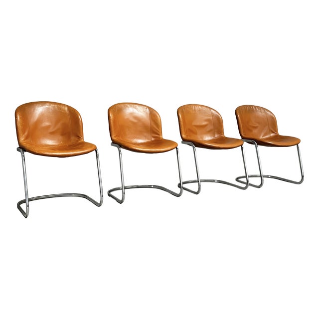 Cognac Leather Dining Chairs by Gastone Rinaldi for Thema Italy, 1970s, Set of 4 For Sale