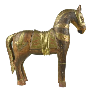 Mid 20th Century Solid Wood Carved Horse Embellished With Copper and Brass Accents Figurine
