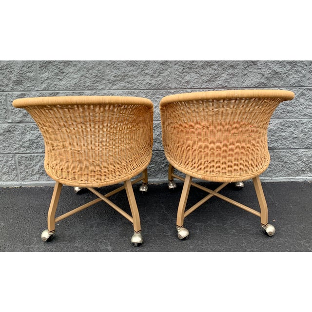 Tan Vintage Natural Woven Wicker Barrel Chairs on Casters - Set of 2 For Sale - Image 8 of 11