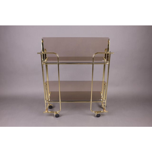 Vintage Folding Bar Cart with Smoked Glass and Gold-Colored Frame, Germany, 1980s For Sale - Image 9 of 16