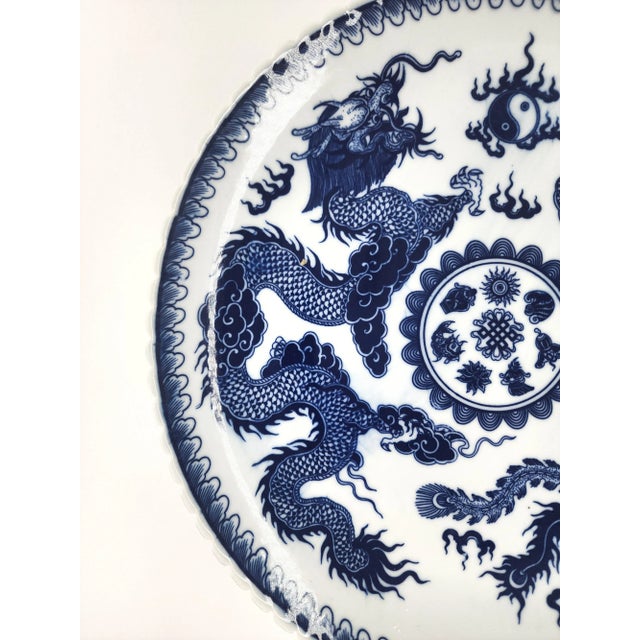 Ceramic Late 20th Century Hand-Painted Bat Trang Blue & White Porcelain Pedestal Serving Dish With Dragon Motif For Sale - Image 7 of 13