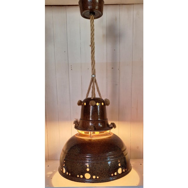 Textile Vintage Rustic Ceiling Lamp with Ceramic Shade and Rope Mount, 1970s For Sale - Image 7 of 7