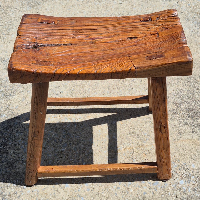 Early 20th Century Vintage Rustic Asian Hand-Hewn Elm Wood Saddle Seat Low Stool For Sale - Image 5 of 10