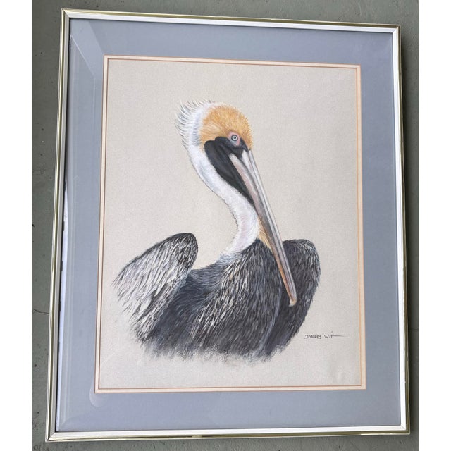 Coastal Late 20th Century Large Framed Coastal Pelican Pastel Drawing by Dolores Witt For Sale - Image 3 of 7