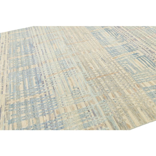 2020s Modern Abstract Plaid Wool Area Rug – Coastal Blue & Sage Green 9x12 For Sale - Image 5 of 11
