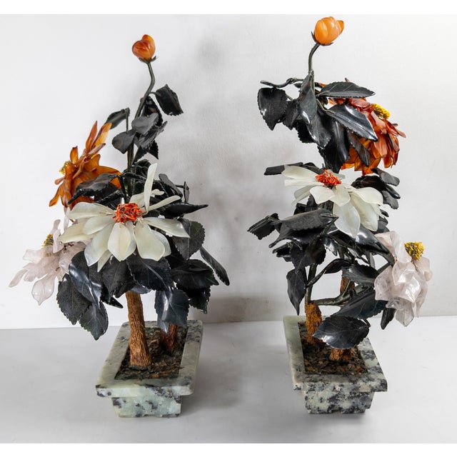 20th Century Chinese Chinoiserie Pair of Jade Trees With Nephrite, Carnelian and Rose Quartz For Sale - Image 13 of 18