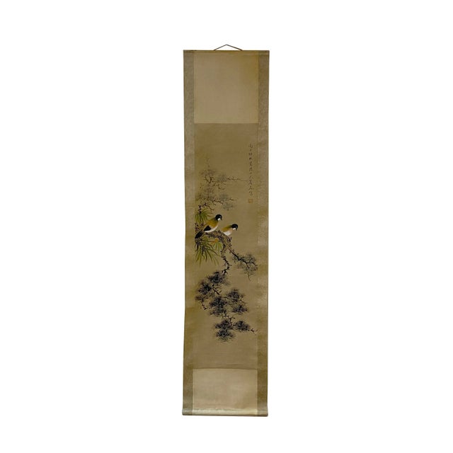 Paper Chinese Color Ink Birds Pine Tree on Tree Scroll Painting Wall Art For Sale - Image 7 of 7