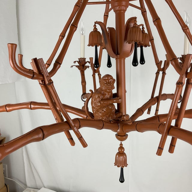 1960s Whimsical Chinoiserie Faux Bamboo Monkey Chandelier With Black Teardrop Accents For Sale - Image 14 of 16
